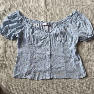 Sophie Rue Blue Floral Puff Sleeve Cropped Top Button Up Size XL